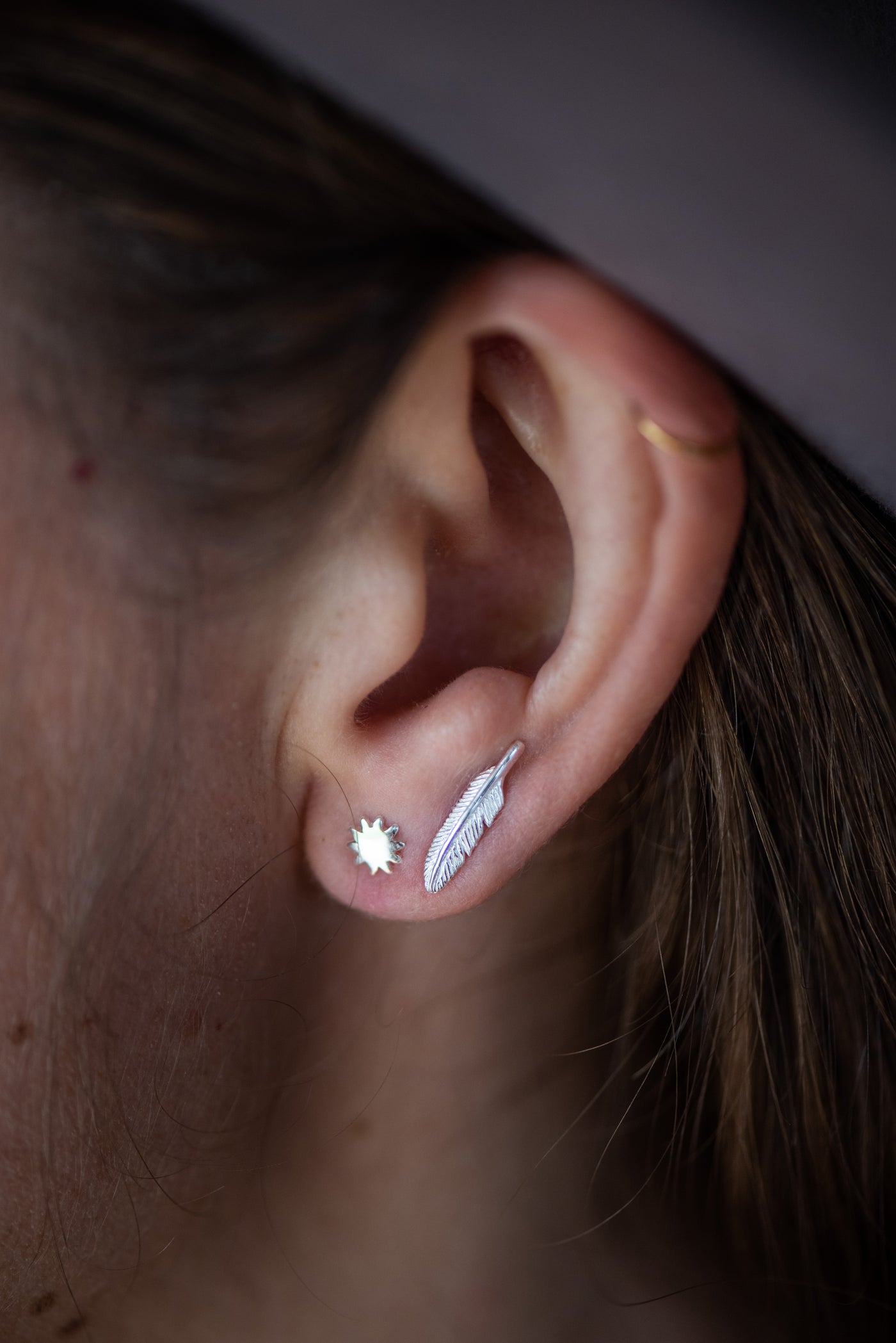 Tiny Charm Post Earrings - Feather