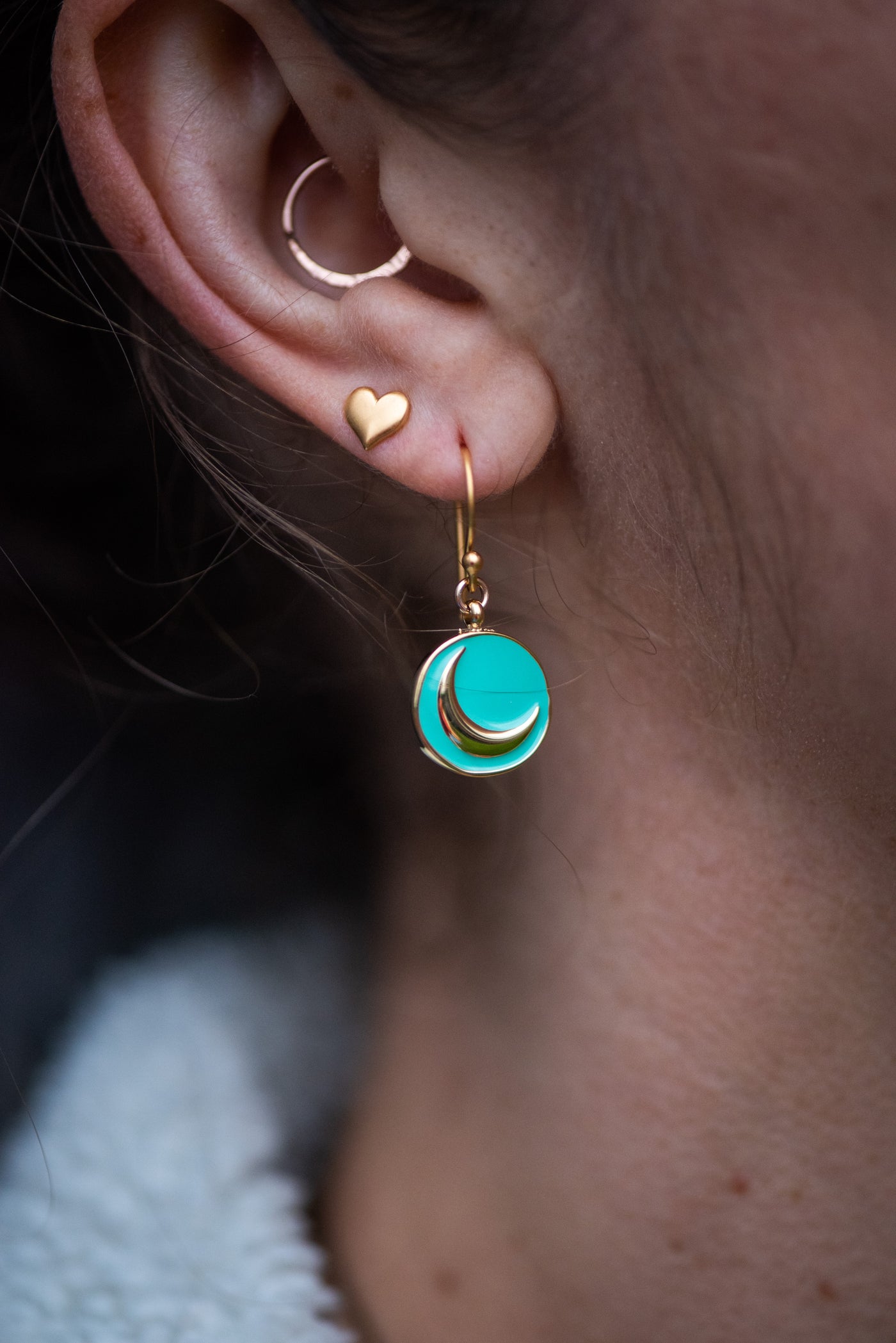 Enamel Charm Earrings - Aqua Crescent Moon