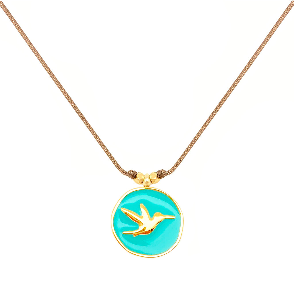 Enamel Charm Necklace - Aqua Hummingbird