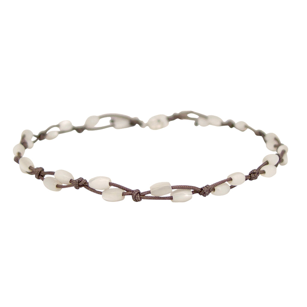 Mother of Pearl Fishermans anklet is a water worthy Bronwen Jewelry favorite. Beautiful jewelry for an active lifestyle